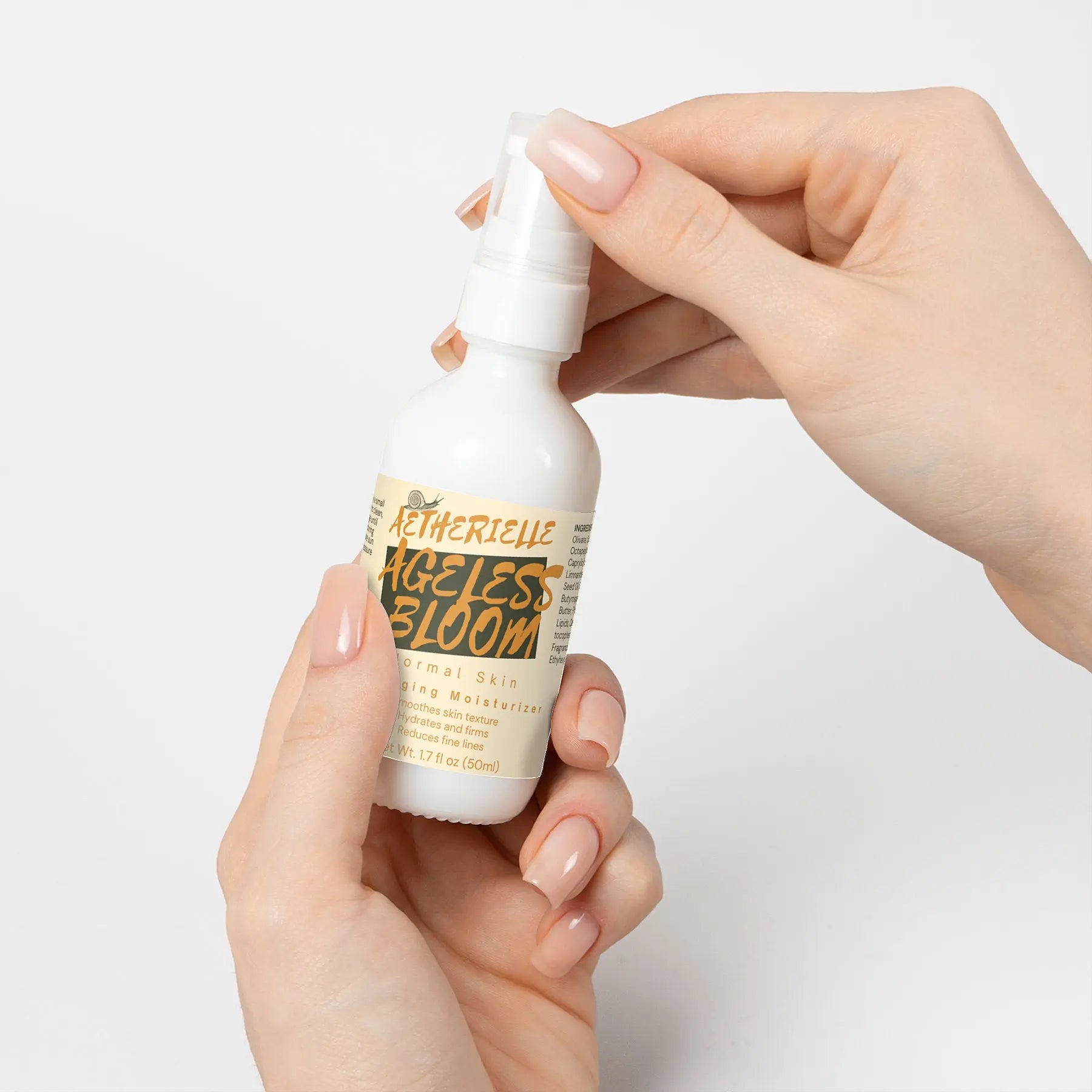 Hands holding Ageless Bloom Anti Aging Moisturizer bottle, highlighting easy-to-use pump design for daily skincare application.