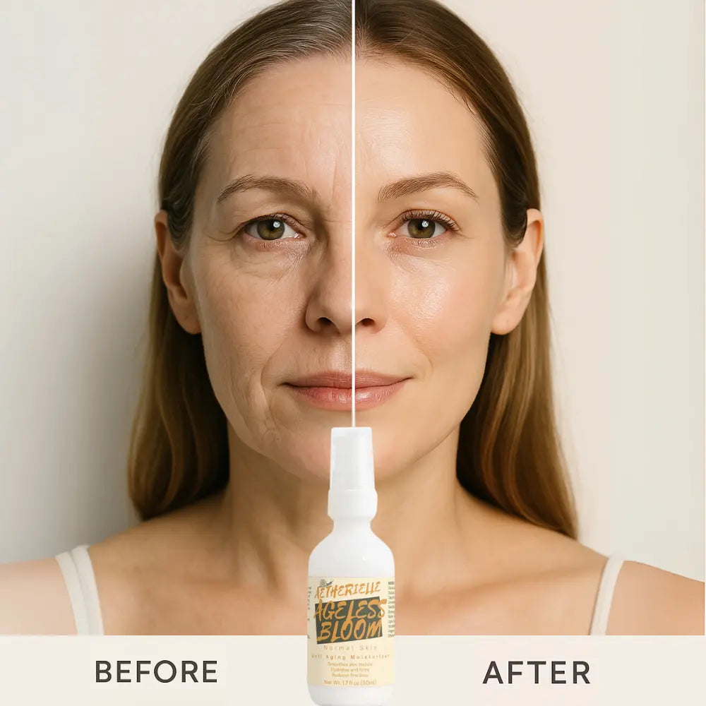 Before and after comparison of woman using Ageless Bloom Anti Aging Moisturizer, showing smoother, firmer skin results.