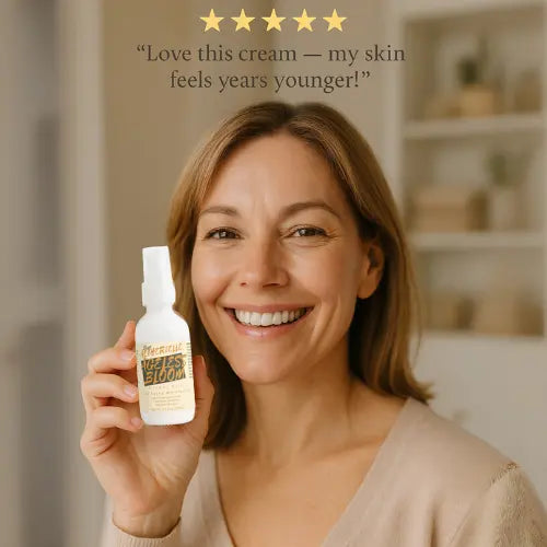 Smiling woman holding Ageless Bloom Anti Aging Moisturizer with 5-star review praising youthful skin results from daily use.
